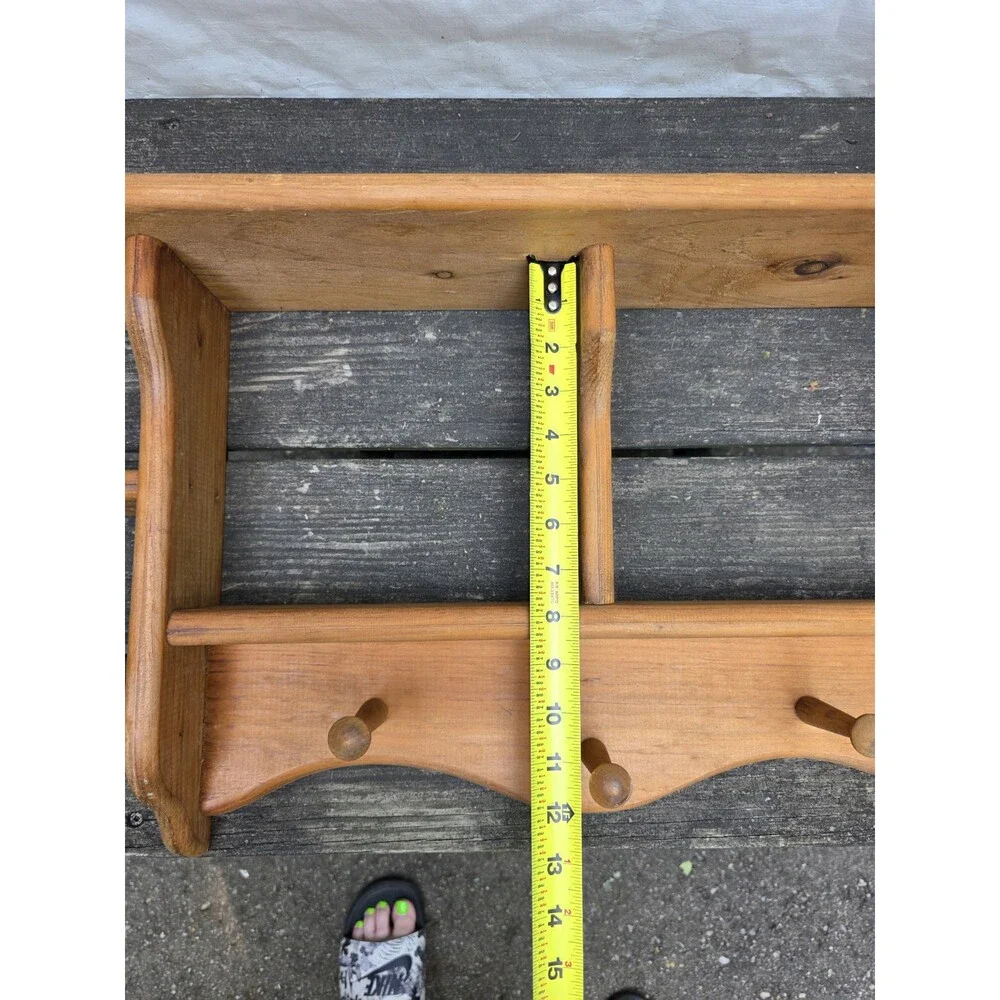 Vintage Wooden Wall Shelf Coat Rack Pegs Spice Display Country Farmhouse Rustic